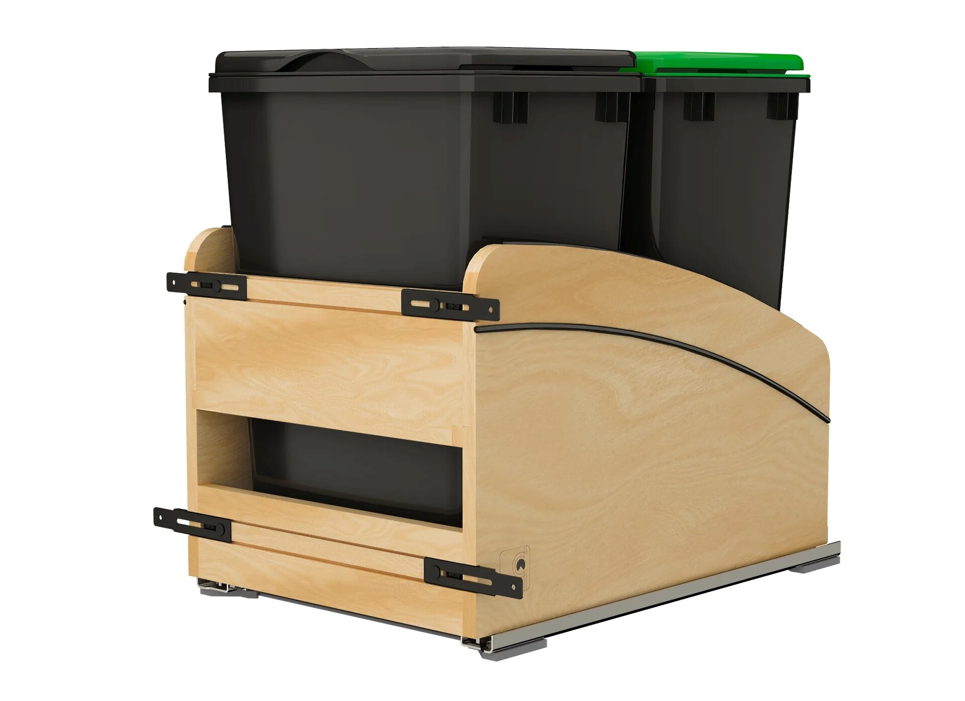 Double Black 35 Qt. Craftsman Collection Solid Maple Bottom Mount Pullout Waste Container w/ Black Accents, (2) Lids and BLUM Soft-Close Slides