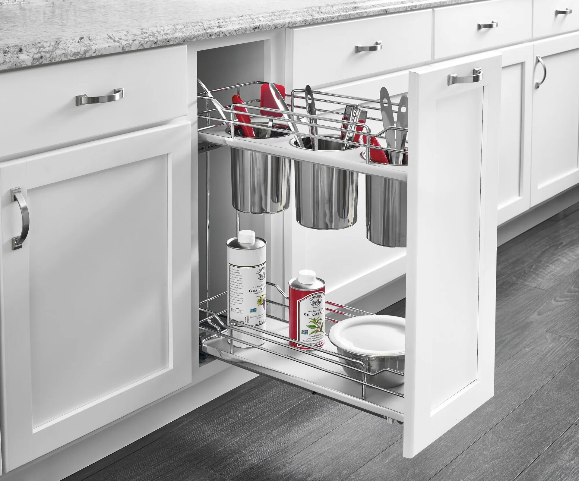 Rev-A-Shelf - 8" Gray Base Cabinet Pullout Utensil Organizer w/Soft-Close